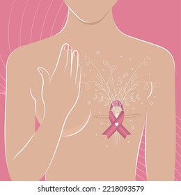 Breast cancer awareness poster Woman body covering one breast Vector illustration