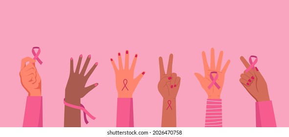 Breast cancer awareness and prevention concept, multiethnic woman hands holding pink ribbon symbol to support and fight for health cancer, flat vector illustration