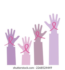Breast cancer awareness and prevention concept, multiethnic woman hands holding pink ribbon symbol to support and fight for health cancer, flat vector illustration