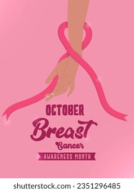 Breast cancer awareness and prevention concept. Female hands holding pink ribbon support and fight cancer concept poster design,  vector illustration.