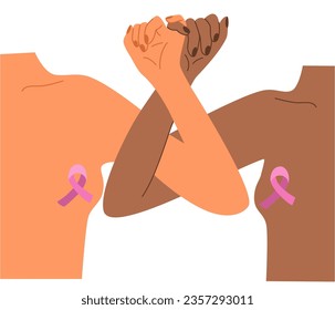 Breast cancer awareness and prevention concept, multiethnic women holding hands. Pink october month female healthcare campaign solidarity web template design. Pinktober vector cartoon illustration