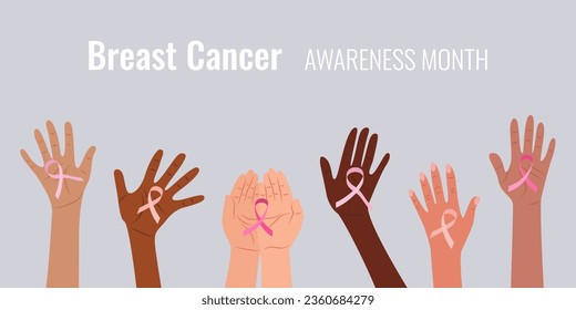 Breast cancer awareness and prevention concept, multiethnic female hands holding pink ribbon symbol to support and fight for health. Flat vector illustration. Simple web banner.