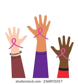 Breast cancer awareness prevention concept, women different skin colors hands holding pink ribbon symbol to support fight for health cancer vector flat illustration on isolated background, for design