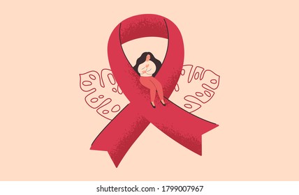 Breast cancer awareness and prevention month banner. Young woman sits on a big pink ribbon. The concept of support and solidarity with women fighting oncological disease. Vector illustration