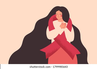 Breast cancer awareness and prevention month banner. Young woman with a big pink ribbon. The concept of support and solidarity with women fighting oncological disease. Vector illustration