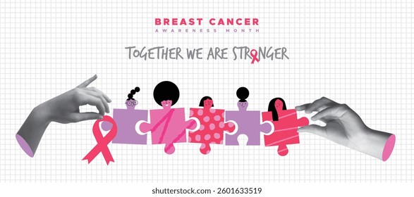 Breast Cancer Awareness: Puzzle Pieces with Diverse Women and Pink Ribbons.