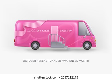 Breast cancer awareness realistic background with pink rribbon on roof of mobile mammography bus. Vector illustration