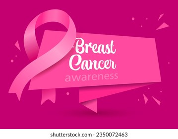 Breast Cancer Awareness Ribbon Background. Health care and medical info. Paper sign and pink ribbon. Vector illustration