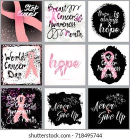 Breast cancer awareness ribbon background set.  Set of  pink ribbon and calligraphy breast cancer awareness quotes cards. Badges in pink. Breast cancer month in October posters and flyers. Vector.