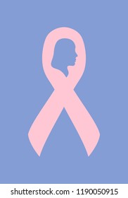 Breast Cancer Awareness Ribbon with a female profile. Vector flat illustration.