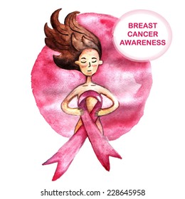 Breast cancer awareness ribbon. Girl with pink ribbon watercolor illustration 