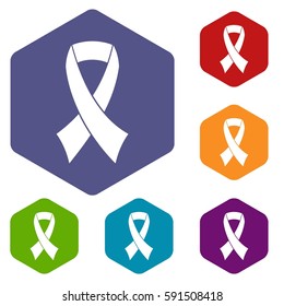 Breast cancer awareness ribbon icons set rhombus in different colors isolated on white background