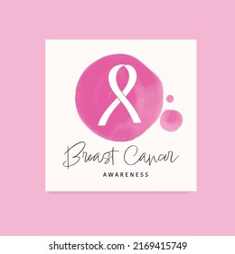 Breast cancer awareness ribbon logo with watercolor stain brush background pink color.