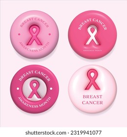 Breast cancer awareness ribbon logo in badges design. pink 3d buttons or badges. 3D illustration vector design.