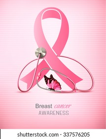 Breast cancer awareness ribbon on a pink background. Vector.