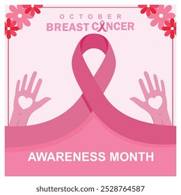 Breast cancer awareness ribbon. Palm with a heart symbol. Breast cancer awareness concept. Flat vector illustration.