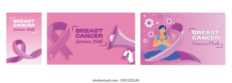 Breast cancer awareness ribbon. Pink background. Women perform breast self-examination. Breast Cancer Awareness concept. Set flat vector illustration.