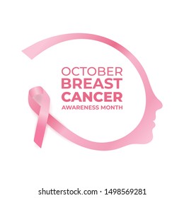 Breast cancer awareness ribbon with woman face and text.