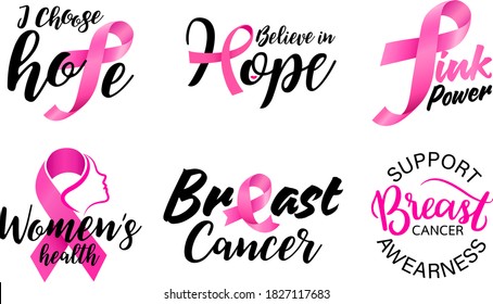 Breast Cancer Awareness ribbons and badges. October is a month of breast cancer awareness in the world. Pink ribbon. Vector illustration.