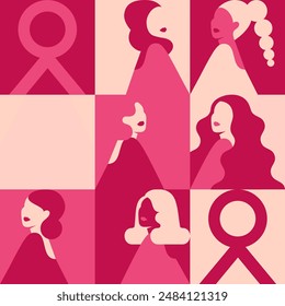 Patrón sin fisuras de conciencia del cáncer de mama con mujeres y cintas rosas. Telón de fondo de Asistencia y solidaridad con las mujeres que luchan contra la enfermedad oncológica. Ilustración vectorial