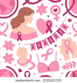 Breast Cancer Awareness Seamless Pattern. Pink October Month. Background with pink ribbons, woman, bra, hands, hearts, flags, earth and flowers. Vector flat illustration 