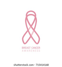 Breast Cancer awareness sign. Pink ribbon formed by bent simple line. Creative modern design. Simplified symbol of a solidarity with female cancer survivors. Outline and text on a white background.