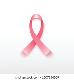 Breast Cancer Awareness Silk Ribbon. Realistic pink ribbon isolated satin color and shadows. Vector Logo design