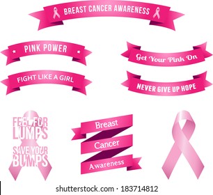 Breast Cancer Awareness Slogans. Abstract vector image of breast cancer awareness slogans on banners along with ribbons