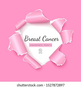 Breast cancer awareness social media post vector template. Female hope and women oncological disease solidary poster design. Breast cancer prevention web banner layout with realistic torn paper effect