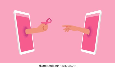 breast cancer awareness support concept, human hand giving pink ribbon to other hand via online on telephone screen, flat vector illustration