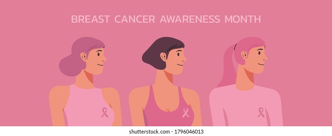 breast cancer awareness for support and health care concept, beautiful female characters with typography quote and pink ribbon, flat vector illustration 