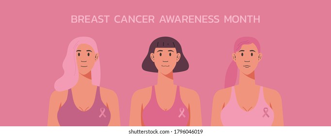 breast cancer awareness for support and health care concept, cute female characters with typography quote and pink ribbon, flat vector illustration 