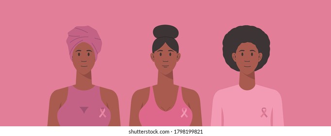 conciencia del cáncer de mama para el concepto de apoyo y atención de salud, hermosos personajes afroamericanos con cinta rosa, ilustración vectorial plana 