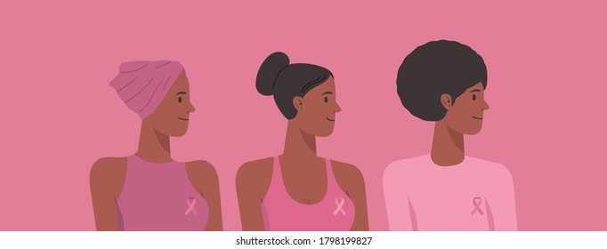 breast cancer awareness for support and health care concept, beautiful female African characters with pink ribbon, flat vector illustration 