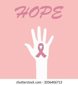 Breast cancer awareness for support and healthcare. A poster of the breast cancer campaign in October. A hand with a ribbon icon. Vector