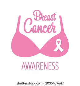 Breast cancer awareness for support and healthcare. A poster of the breast cancer campaign in October. A bra with a ribbon sign. The EPS10 vector.