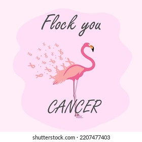 Breast cancer awareness symbol. Flock you cancer text with flamingo and pink ribbons