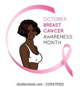 Breast cancer awareness symbol. Portrait of african woman, realistic pink ribbon. Sketching illustration