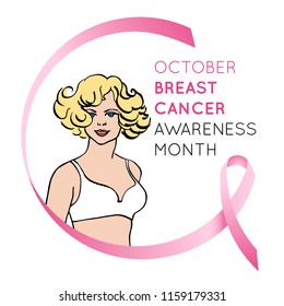 Breast cancer awareness symbol. Portrait of caucasian woman, realistic pink ribbon. Sketching illustration