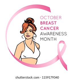 Breast cancer awareness symbol. Portrait of caucasian woman, realistic pink ribbon. Sketching illustration