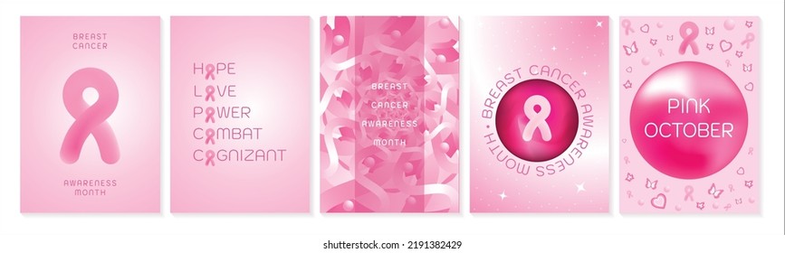 Breast cancer awareness symbol, vector illustration, October pink, world cancer day, Set of posters for breast cancer awareness month in October, pink ribbon, symbols to fight cancer, copy space