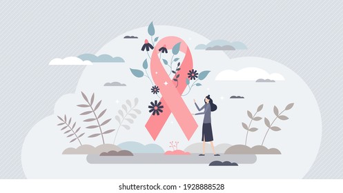 Breast cancer awareness and symbolic disease prevention tiny person concept. Pink ribbon with flowers as female hope and support in healthcare problems vector illustration. Women treatment movement.