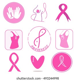 Breast cancer awareness symbols collection. Pink ribbons as support signs. Breast exam encouraging.