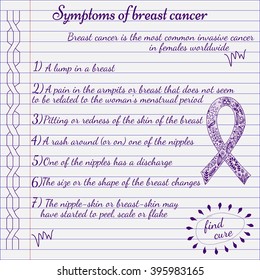 Breast cancer awareness. Symptoms of breast cancer. Hand drawn ribbon. Breast cancer infographics.