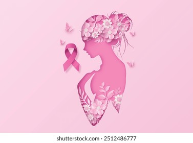  Concienciación sobre el cáncer de mama con este elegante diseño de cinta rosa, que simboliza la fuerza, la esperanza y la resiliencia. Unámonos en la lucha contra el cáncer de mama. estilo de arte de corte en papel.