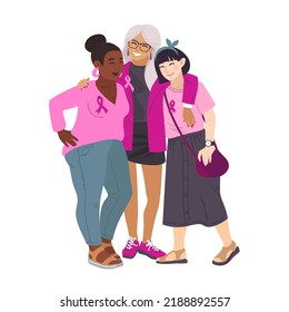 Breast cancer awareness. Three women diffrent nationalities. Vector illustration of breast cancer. Breast Cancer Awareness October. Silk ribbons and friendship.