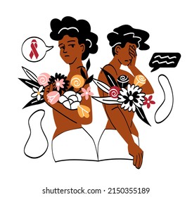 Breast cancer awareness. Two girls stand with bouquets of flowers in hands. Posters for websites, international holidays to remind importance of regular checks. Cartoon flat vector illustration