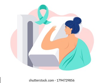 Breast cancer awareness vector illustration. Woman patient getting a mammogram. Breast diagnosis, medical diagnostic equipment, cancer awareness ribbon