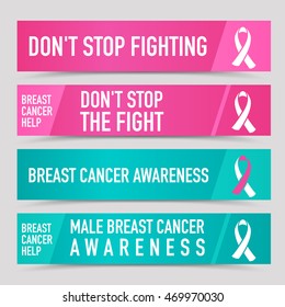 Breast cancer awareness - vector pink and blue set of banners. Don't stop fighting - labels with symbolic ribbon