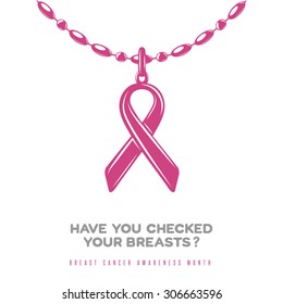 Breast cancer awareness vector poster with pink metal ribbon on a chain. Minimalistic illustration.